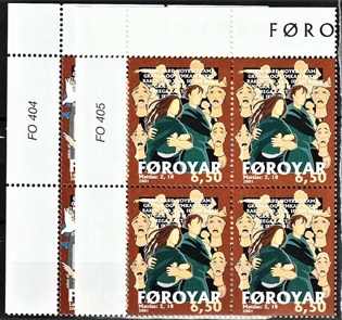 FRIMÆRKER FÆRØERNE | 2001 | AFA 404,405 | Julefrimærker - 5,00 + 6,50 kr. flerfarvet i marginal 4-blokke - Postfrisk